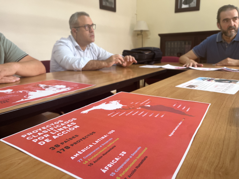 Spotkanie trzech mężczyzn przy stole, na którym leżą czerwone infografiki dotyczące projektów w Ameryce Łacińskiej i Afryce.